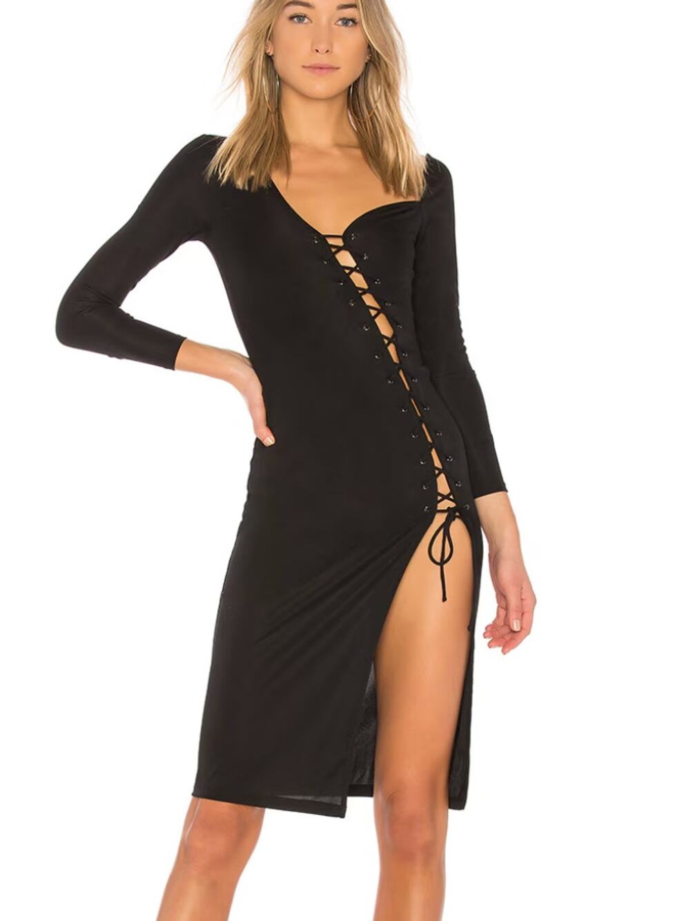 Revolve Black Cocktail Midi Dress SMALL Bodycon Laceup Going Out H:ours $148 NEW